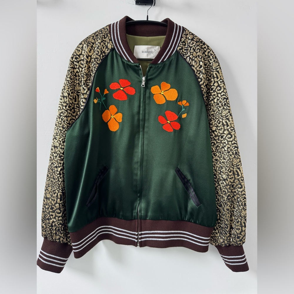 Rodarte Green Satin Jacket with Brown Collar